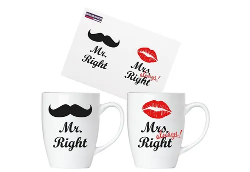 BRUBAKER Tasse 2er-Set Kaffeetassen Mr. Right & Mrs. Always Right, 4-tlg., Keramik, Kaffeebecher in Geschenkpackung mit Grußkarte, Becher Tassen für Paare