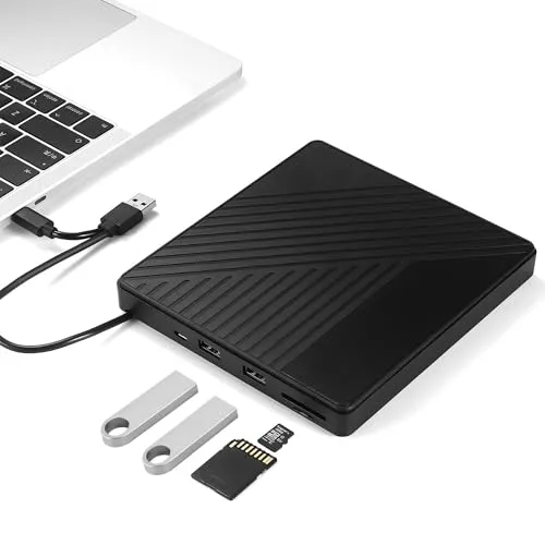 Reagle Externer CD/DVD Brenner USB 3.2 - Externe CD- & DVD-Laufwerke mit USB-C und SD/microSD Kartenleser, bietet schnelle Datenübertragung von 5 Gb/s und ist ideal für Windows, Mac OS und Linux.