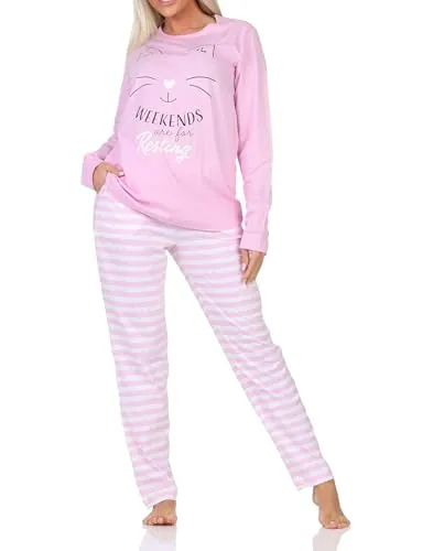 Normann Damen Langarm Schlafanzug Pyjama in Katzen Optik - Übergröße, rosa, Größe: 52-54 - Eleganter Damen Pyjama in Katzen Optik mit niedlichem Design. Ideal für entspannte Nächte, auch in Übergrößen erhältlich. Qualitätsnachtwäsche von Normann, schadstoffgeprüft und komfortabel geschnitten.