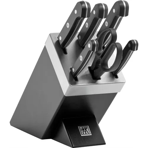 ZWILLING Gourmet Selbstschärfender Messerblock 7-teilig - Küchenmesser-Set mit selbstschärfendem Messerblock in Schwarz. Hochwertige Messer aus rostfreiem Spezialstahl, ideal für alle Kochbedürfnisse und stets scharf dank integrierter Keramik-Schleifsteine.