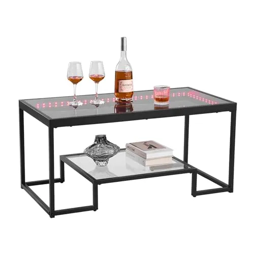 VEVOR Couchtisch Beistelltisch mit Beleuchtung aus gehärtetem Glas - Eleganter Couchtisch aus gehärtetem Glas mit zwei Ebenen und offenem Stauraum. Ideal für Wohnzimmer und Büro – stabil, pflegeleicht und vielseitig einsetzbar.