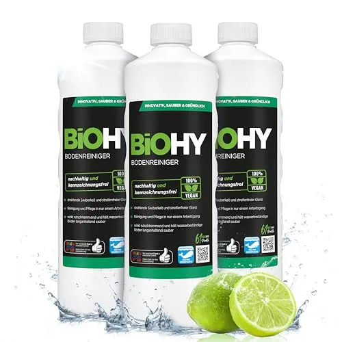 BiOHY Bodenreiniger (3 x 1 Liter) | Bio Konzentrat für alle Hartböden - Effektiver Bodenreiniger für Laminat, PVC & Stein, schnelltrocknend und schaumarm – für eine streifenfreie Reinigung mit frischem Duft und rutschhemmender Wirkung.