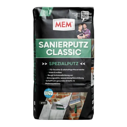 MEM Sanierputz Classic 25 kg grau - Hochwertiger Sanierputz für optimale Feuchtigkeitsregulierung, ideal zur Sanierung feuchter Wände in Wohnräumen.