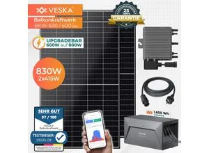 VESKA® Balkonkraftwerk 830W/600-800W mit ANKER Batteriespeicher - Solaranlagen – Das Premium-Balkonkraftwerk mit 830W und 1,6 kWh Batteriespeicher ermöglicht autarke Stromversorgung und hohe Erträge selbst bei schwachem Licht.