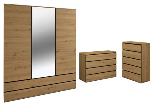 Schlafzimmer-Set Naxos 3tlg. Kleiderschrank & Kommode in artisan Eiche schwarz matt - Vielseitiges Schlafzimmer-Set für Jugendliche und Erwachsene. Mit 3 Türen und mehreren Schubladen bietet es viel Stauraum. Pflegeleicht und modern im Design, ideal für jedes Schlafzimmer.