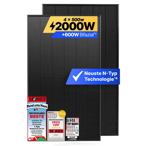 Solakon 500W Solarmodul, N-Type bifaziales monokristallines Glas-Glas Panel für Balkonkraftwerk - Nutzen Sie das Solakon 500W bifaziale Solarmodul für maximale Energieausbeute. Mit 22,6% Effizienz und IP68 Schutzklasse ist es ideal für Balkon, Garten oder Ziegeldach.