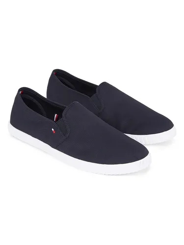 Tommy Hilfiger Damen Canvas Slip-On Sneaker, Blau (Space Blue) 37 - Wanderschuhe aus 60% recycelter Baumwolle, ideal für warme Tage. Der stylische Slipper bietet hohen Tragekomfort und passt perfekt zu jedem Look – ideal für Alltag und Urlaub.