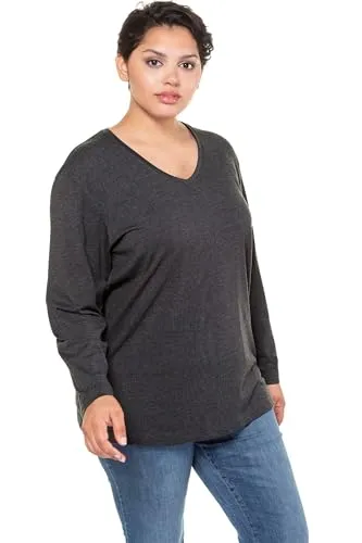 Ulla Popken Damen große Größen Übergrößen Plus Size Shirt, V-Ausschnitt, Relaxed, Langarm anthrazit Melange 66+ 725334121-66+