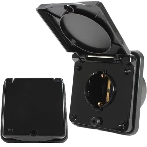 HABA B.V. Steckdose Einbausteckdose IP44 220V - 240V Schuko schwarz - Wetterfeste Schuko Außensteckdose für Caravan und Wohnmobile, IP44 Schutzklasse, aus hochwertigem ABS Kunststoff mit klappbarem Deckel und UV-Beständigkeit.