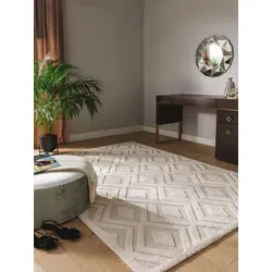 benuta Teppich Eve, rechteckig, Höhe: 11 mm, Teppich Wohnzimmer, Schlafzimmer, Esszimmer, Flur, Kunstfaser, Cozy beige|weiß 140 cm x 200 cm x 11 mm