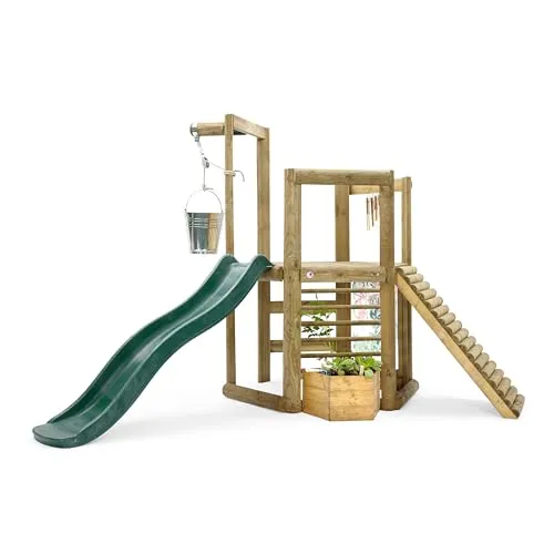 Plum Discovery Spielplatz 27622 - Spielhäuser aus hochwertigem, nachhaltig angebautem Holz mit Kletterrampe, Wellenrutsche und Seilzug für unvergesslichen Spielspaß im Freien.