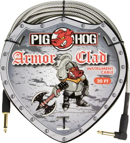Pig Hog "Armor Clad" 6m Winkel-Instrumentenkabel - Hochleistungs-Instrumentenkabel mit superstabiler Metallummantelung, ideal für Musiker. Länge: 6m, Stecker: 6,35 mm Klinke gerade und gewinkelt. Lebenslange Garantie für Zuverlässigkeit.
