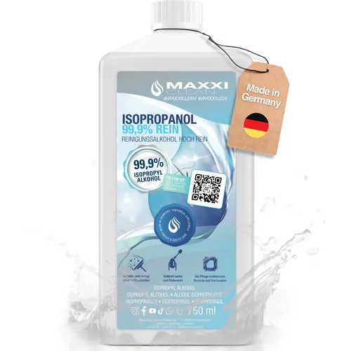 Maxxi Clean Reines Isopropanol (99,9%) - 750 ml Reinigungsalkohol - Reinigungsmittel mit 99,9% Isopropanol für vielseitige Anwendungen. Rückstandsfrei und geruchslos, ideal zum Entfetten und Reinigen von Elektronik, Fahrzeugen und mehr.