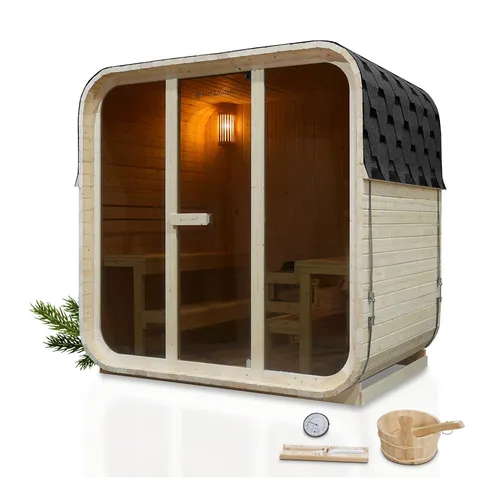 Fasssauna quadratisch für 6 Personen Fjora - Wärmekabinen mit Panoramafenster und 9 kW Saunaofen für bis zu 6 Personen. Ideal für entspannende Auszeiten im eigenen Garten, auch im Winter.