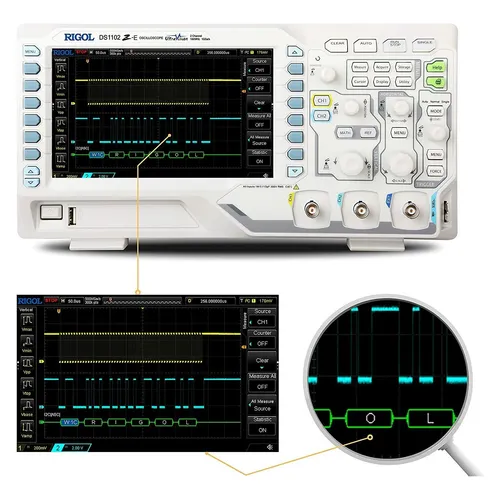 RIGOL DS1102Z-E Oszilloskop - Labor-Oszilloskop mit 100 MHz Bandbreite und 1 GSa/s Abtastrate, ideal für präzise Wellenformanalysen und vielseitige Anwendungen in Entwicklung und Reparatur.