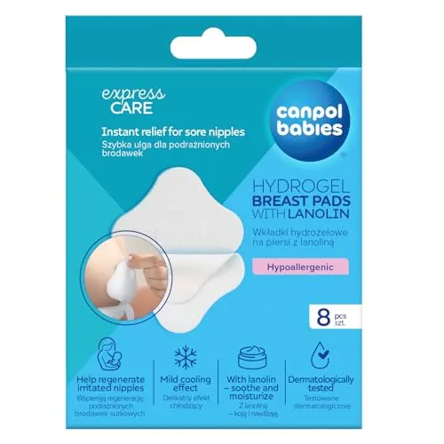 Canpol Babies Beruhigende Hydrogel-Einlagen auf der Brust mit Lanolin 8Stück, Sanfte kühlende Wirkung, Unterstützung der Regeneration der Haut von gereizten Brüsten, Dermatologisch getestet.