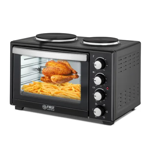 TZS FIRST AUSTRIA Minibackofen Pizzaofen mit Kochplatten, 30L, 3200W, Mini Backofen mit Umluft, max 230°C, Backblech, Drehspieß, Grillrost, Innenbeleuchtung