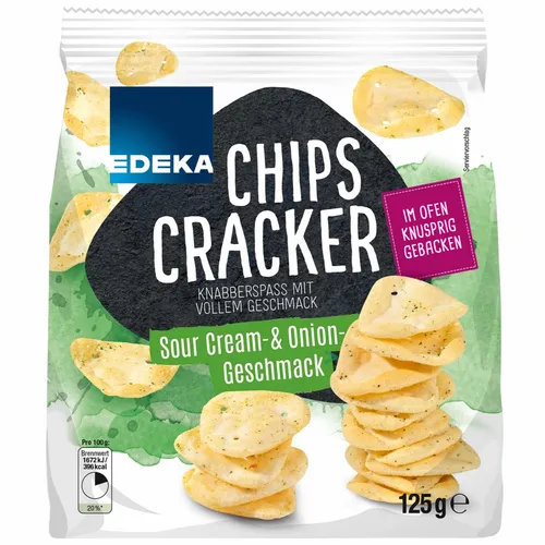 EDEKA Chips Cracker Sour Cream & Onion 125g - Knusprige Chips Cracker mit feinem Sour Cream & Onion Geschmack, ideal für Snacks und Partys. Perfekt zum Teilen oder für den kleinen Hunger zwischendurch.