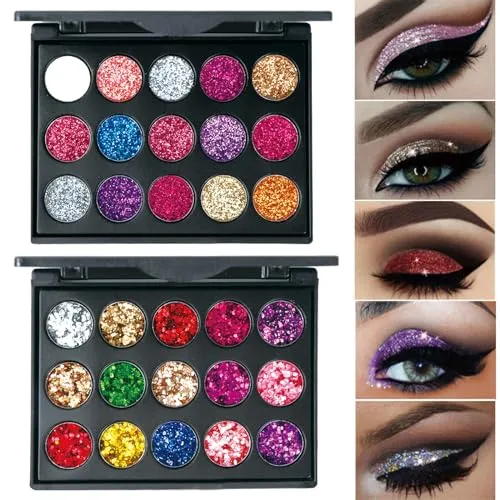Nivofu 2 Stücke Glitzer Lidschatten Palette, 30 Farben Lidschattenpalette Bunt, Glitzer Make-up Palette Langlebig Wasserdicht, Eyeshadow Palette Schimmernde, Augenpalette, Schminkpalette