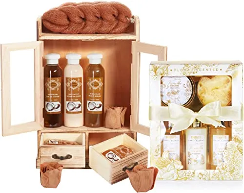 BRUBAKER Pflege-Geschenkset 2 in 1 - Kokosnuss & Vanilla Rose Minze - Luxuriöses 15-teiliges Dusch- und Badeset für Frauen. Mit feuchtigkeitsspendenden Produkten und einem stilvollen Holzschränkchen – das perfekte Geschenk für jeden Anlass!