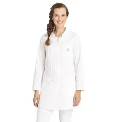 Leiber Damen Longkasack 1/1 Arm 08/2503 - Weiß - Größe 44 - Funktionsjacke mit Druckknopfleiste und Herz-Accessoire, ideal für den Beruf. Zwei Seitentaschen und regulierbare Taillenweite für optimalen Komfort und Bewegungsfreiheit.