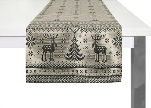 Wirth Tischläufer "ROMO" in Beige mit Goldakzenten, 50cm x 160cm - Der rechteckige Tischläufer ROMO schafft weihnachtliche Stimmung mit seinem eleganten Norwegermuster. Ideal für festliche Anlässe, erhältlich in verschiedenen Farben, um Ihre Dekoration stilvoll zu ergänzen.