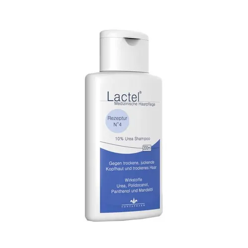 Lactel Nr.4 Shampoo gegen trockene, juckende Kopfhaut 200 ML - Arzneimittel zur täglichen Pflege bei trockener, juckender Kopfhaut. Mit 10% Urea und hautberuhigendem Polidocanol für optimale Feuchtigkeit und Linderung von Juckreiz.