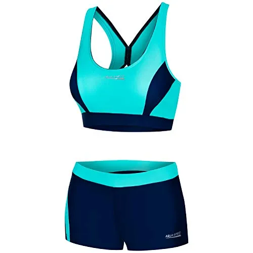 Aqua Speed Damen Sport Bikini Set | Zweiteiler in Türkis - Navy - Bikini-Set für Damen mit herausnehmbaren Gummi-Cups und robustem X-Form Rücken für optimale Passform und Bewegungsfreiheit. Hergestellt aus chlorresistentem VITA-Gewebe für hohen Tragekomfort.