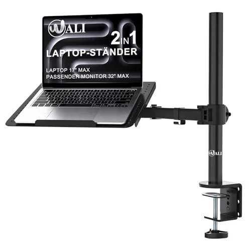 WALI Laptop Halterung für Schreibtisch – Ergonomisch & Voll Verstellbar für 17 Zoll Laptops - Ergonomische Laptop Halterung für eine optimale Arbeitsposition. Mit belüfteter Kühlplattform und stabiler Befestigung für Schreibtische bis 10,2 cm Dicke. Ideal für Laptops bis 17 Zoll und 10 kg Tragkraft.