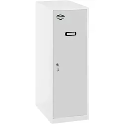 SimonRack Metallschrank Single mini - 1 Tür in Weiß/Grau - Büroschrank mit Lüftungsöffnung und Zylinderschloss. Ideal für platzsparende Aufbewahrung unter dem Tisch oder im Ankleidezimmer. Flexibel kombinierbar mit anderen Simonrack-Schränken.