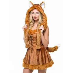 Maskworld Kostüm Foxy Lady, Verführerisches Fuchs Kostüm für Damen in Rot, Größe L - Verkleiden Sie sich stilvoll mit dem Foxy Lady Kostüm! Inklusive Kleid, Kapuze, Fuchsschwanz und Fellstulpen. Perfekt für Karneval oder Mottopartys. Material: 100% Polyester.