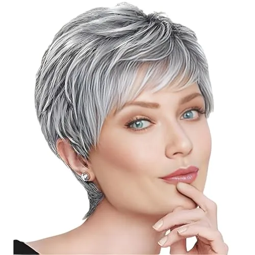 Becus Pixie Cut Perücke, kurze graue Perücke, volle natürliche Schicht, gerade, flauschige, synthetische Pixie-Perücken, dunkelgraue Wurzeln, graue Perücken für Frauen (Ombre Sliver Grey)