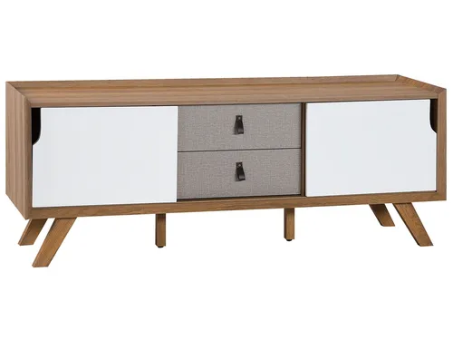 BELIANI TV Möbel Weiß – Modernes Möbelstück mit 2 Schubladen - TV-Halterungen: Elegantes und multifunktionales TV-Möbel aus MDF mit 2 Schubladen und praktischer Kabeldurchführung, ideal für stilvolle Wohnzimmer.