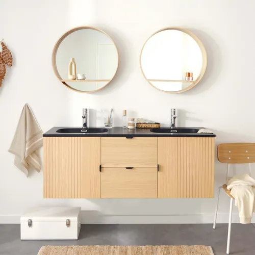 STUDIO Doppelwaschtisch mit Spiegel - Moderne Badezimmerlösung mit offenem und geschlossenem Stauraum. Inklusive Soft-Close-Scharniersystem und praktischer Ablage für einen organisierten Alltag. Montiert geliefert, ideal für Ihr stilvolles Bad.