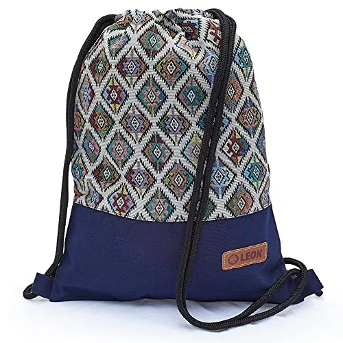 By Bers Leon großer Premium Turnbeutel mit Innentaschen Rucksack Tasche Damen Herren Teenager Gym Bag Draw String 45x34cm für Sport Reise Alltag Einkauf (Boho 001Blau)
