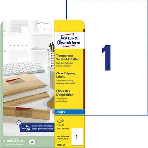 Avery Zweckform J8567-25 Etiketten transparent, 25 Stück - Papier Fotopapier und Etiketten, selbstklebend und wetterfest, ideal für nahezu unsichtbare Beschriftungen auf Paketen und Päckchen.