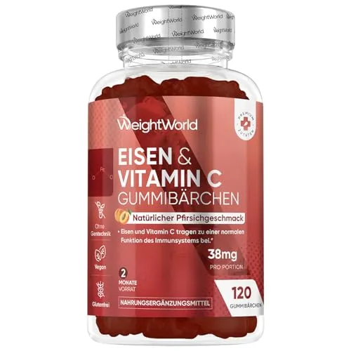 Eisen & Vitamin C Gummibärchen - 120 leckere Gummies für 2 Monate - Genießen Sie 120 Eisen Gummibärchen mit Vitamin C für eine einfache tägliche Einnahme. Ideal zur Unterstützung der täglichen Nährstoffzufuhr, vegan und in fruchtigem Pfirsichgeschmack.
