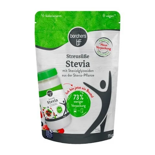 BORCHERS Streusüße Stevia 75g, Stevia-Maltodextrin Mischung, 1:1 wie Zucker, kalorienarm & zuckerfrei, leicht löslich, Zuckerersatz, Zuckeralternative