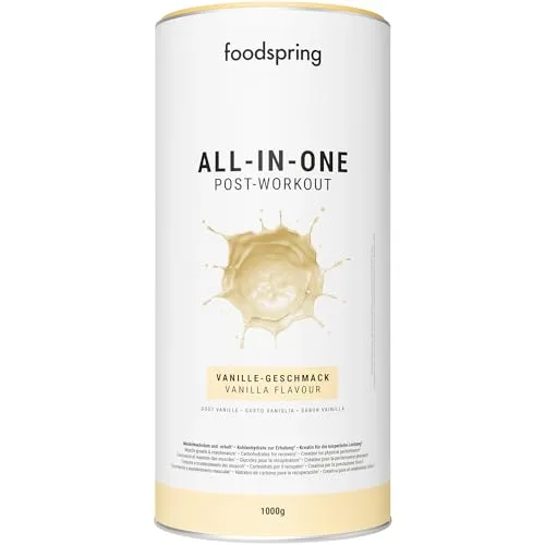 foodspring All-in-One Post-Workout Shake für Muskelwachstum & -erhalt – 20g Kohlenhydrate pro Portion zur Regeneration nach intensivem Training – hoher Proteingehalt & wenig Zucker (1000g | Vanille)