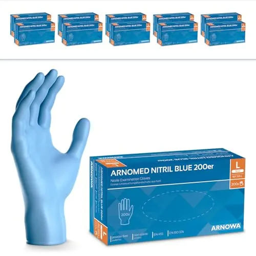 ARNOMED Nitrilhandschuhe Blau – 2000 Stück (L, puderfrei) - Praktisches Bundle mit 2000 Nitrilhandschuhen in Blau (10 Boxen à 200 Stk). Reißfest und mit optimalem Grip – ideal für Hygiene- und Reinigungsarbeiten in verschiedenen Bereichen.