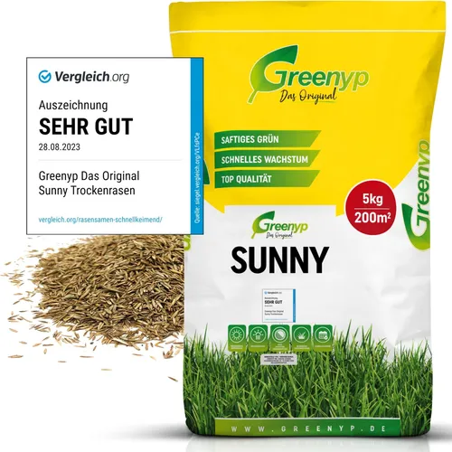 Greenyp® Sunny I Dürre-Resistenter Trockenrasen - Gräsersamen & -pflanzen, pflegeleichter Rasen für trockene Böden, schnellkeimend mit ersten Ergebnissen nach 2 Wochen.