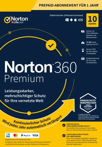NORTON 360 PREMIUM 2026, kontinuierlicher Schutz,10Geräte,1Jahr, Download