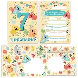 JUNAPACK Einladungskarten Koala Einladungen zum 7. Geburtstag Umschlägen für Kinder Tiere, Einladungskarten mit Umschlägen zum 7. Geburtstag Koala