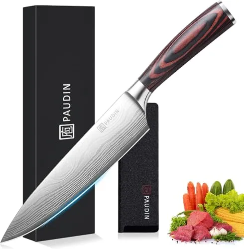 PAUDIN Kochmesser 20 cm - Profi Kochmesser aus hochwertigem Carbon Edelstahl, ultra-scharfe Klinge für müheloses Schneiden von Fleisch und Gemüse, ideal für Profis und Hobbyköche.