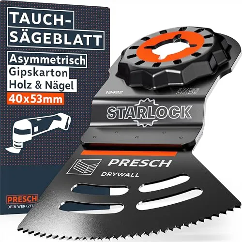 Presch Starlock Sägeblatt Gipskarton, Holz & Nägel 40x32mm - Multitool Sägeblatt für werkzeuglosen Wechsel - Saubere, exakte Schnitte dank asymmetrischem Dual-Tec Design - Präzises Tauchsägeblatt