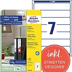 AVERY Zweckform ultragrip Ordneretiketten Haftend Schmal L4760-10 DIN A4 38 x 192 mm Weiß 10 Blatt à 7 Etiketten