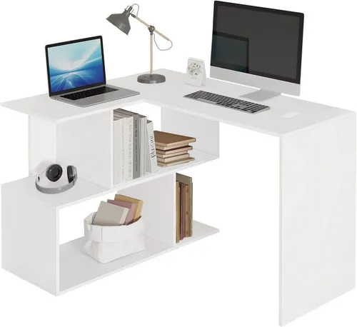 Woltu Schreibtisch - Computertisch Eckschreibtisch mit Ablagen - Kinderschreibtisch mit 4 stabilen Ablageflächen, perfekt für ein organisiertes Arbeitsumfeld. Modernes Design in Weiß, ideal für Kinderzimmer und Home Office.