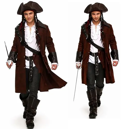 MAYLYNN 12104 - Piratenkostüm Jack mit Hut und Zubehör - Kostüme für Erwachsene - 5-teiliges Piratenkostüm für Herren, ideal für Fasching und Karneval, inklusive Mantel, Hut und Gürtel für den perfekten Freibeuter-Look.