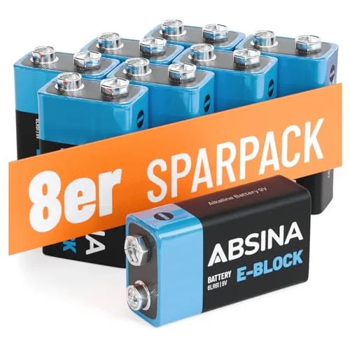 Absina Batterien Alkaline, 9V Block, E-Block, 6LR61, 8 Stück