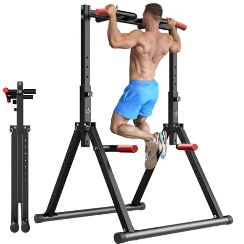 WATBKHE Faltbare Klimmzugstange Power Tower Dip Station – Verstellbar & Multifunktional (Schwarz) - Die WATBKHE Power Tower ist eine vielseitige, faltbare Trainingsstation mit 7 verstellbaren Höhen für die ganze Familie. Ideal für ein effektives Ganzkörpertraining zu Hause oder im Büro – platzsparend und stabil.